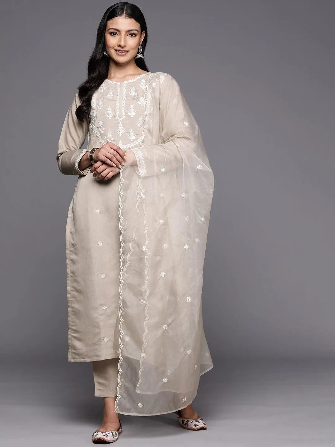 Grey Yoke Design Silk Blend Straight Suit Set With Trousers - Libas 