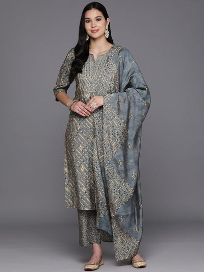 Grey Yoke Design Silk Blend Straight Suit Set With Trousers - Libas