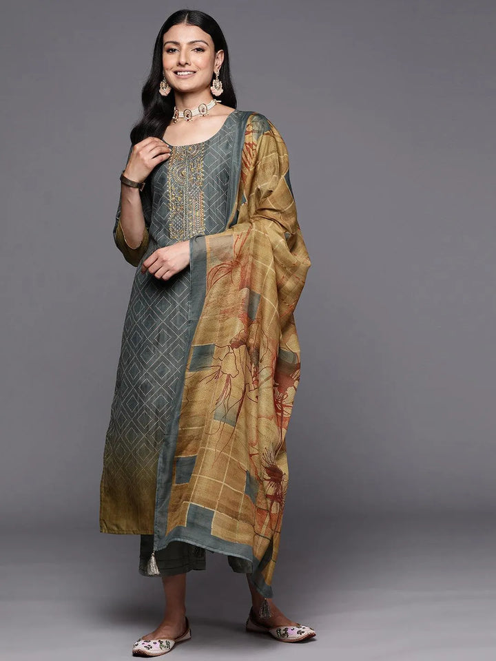 Grey Yoke Design Silk Blend Straight Suit Set With Trousers - Libas