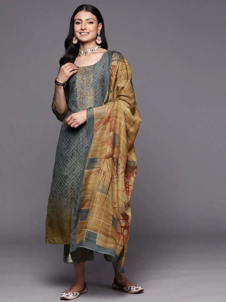Libas Grey Yoke Design Silk Blend Straight Kurta With Trousers & Dupatta