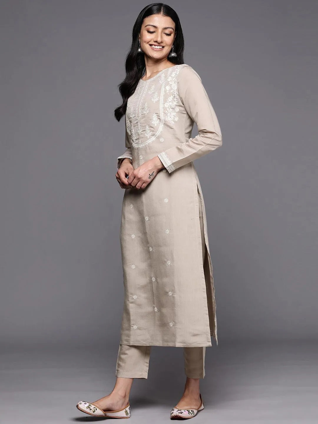 Grey Yoke Design Silk Blend Straight Suit Set With Trousers - Libas 