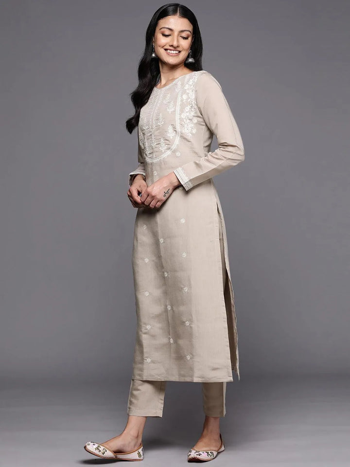 Grey Yoke Design Silk Blend Straight Suit Set With Trousers - Libas