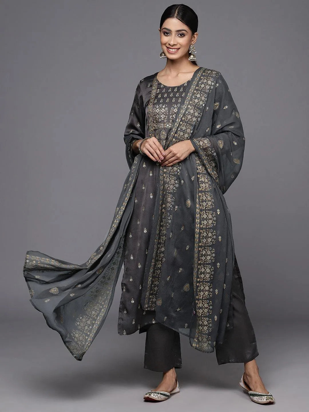 Grey Yoke Design Silk Blend Straight Kurta With Trousers & Dupatta - Libas 