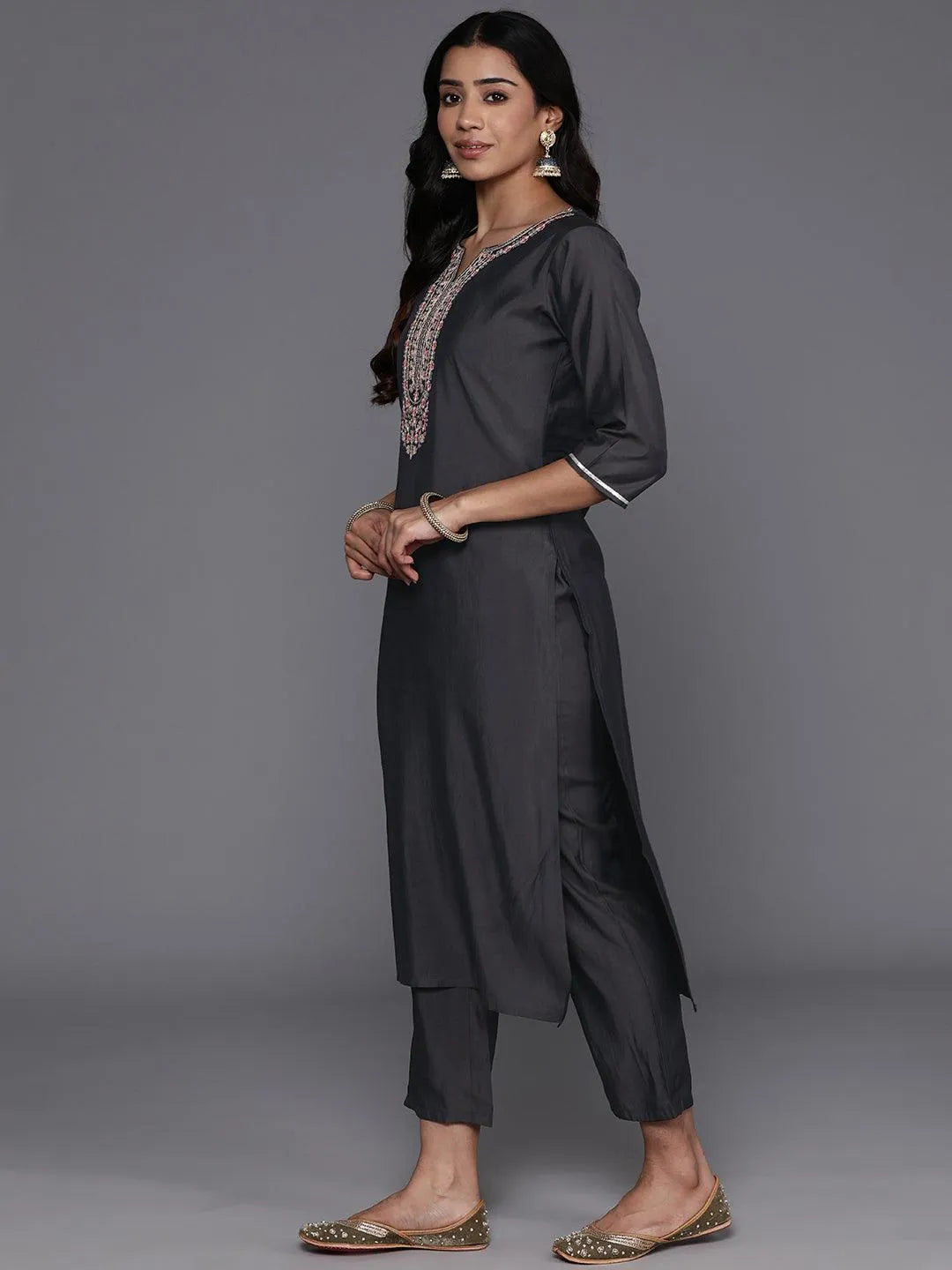 Grey Self Design Silk Blend Straight Suit Set With Trousers