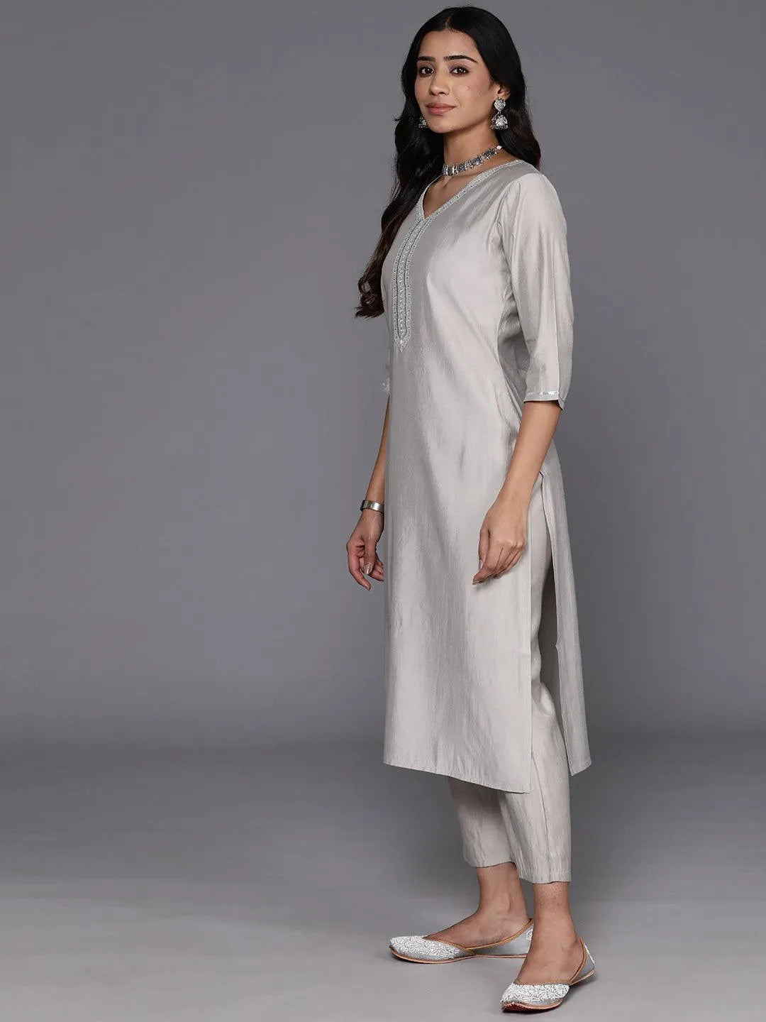 Grey Yoke Design Silk Blend Straight Kurta With Trousers & Dupatta - Libas 
