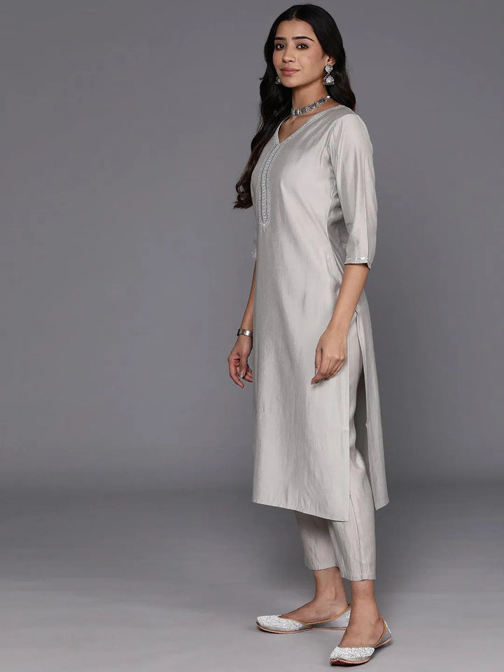 Grey Yoke Design Silk Blend Straight Kurta With Trousers & Dupatta - Libas