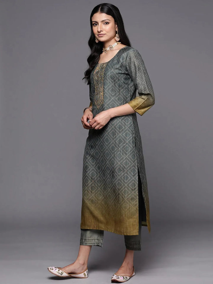 Grey Yoke Design Silk Blend Straight Suit Set With Trousers - Libas