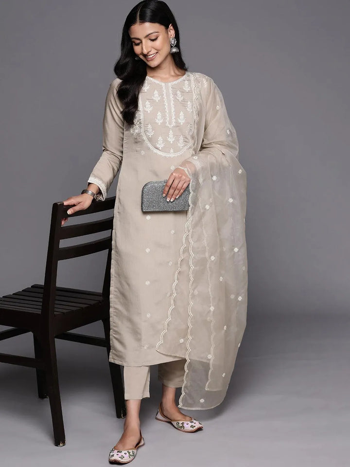 Grey Yoke Design Silk Blend Straight Suit Set With Trousers - Libas