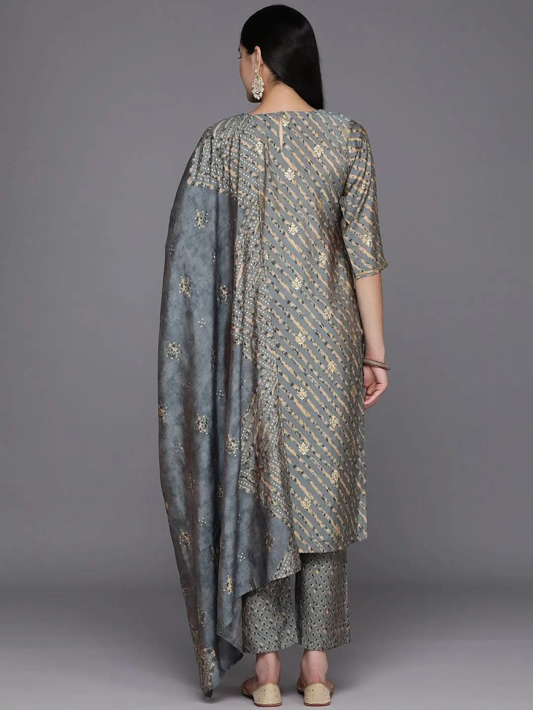 Grey Yoke Design Silk Blend Straight Suit Set With Trousers - Libas 