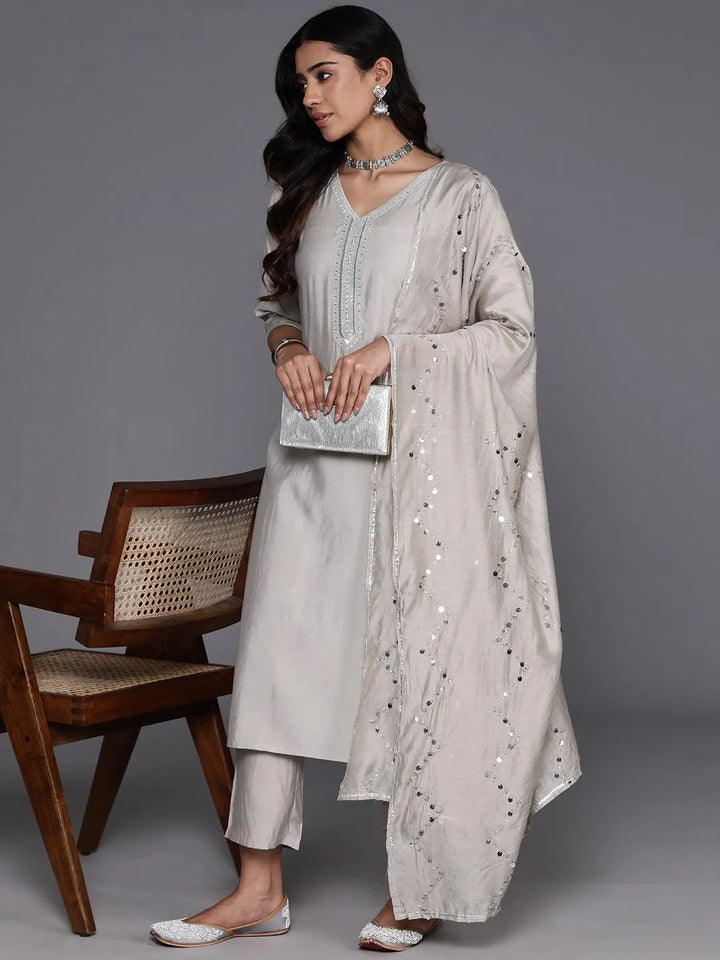 Grey Yoke Design Silk Blend Straight Kurta With Trousers & Dupatta - Libas