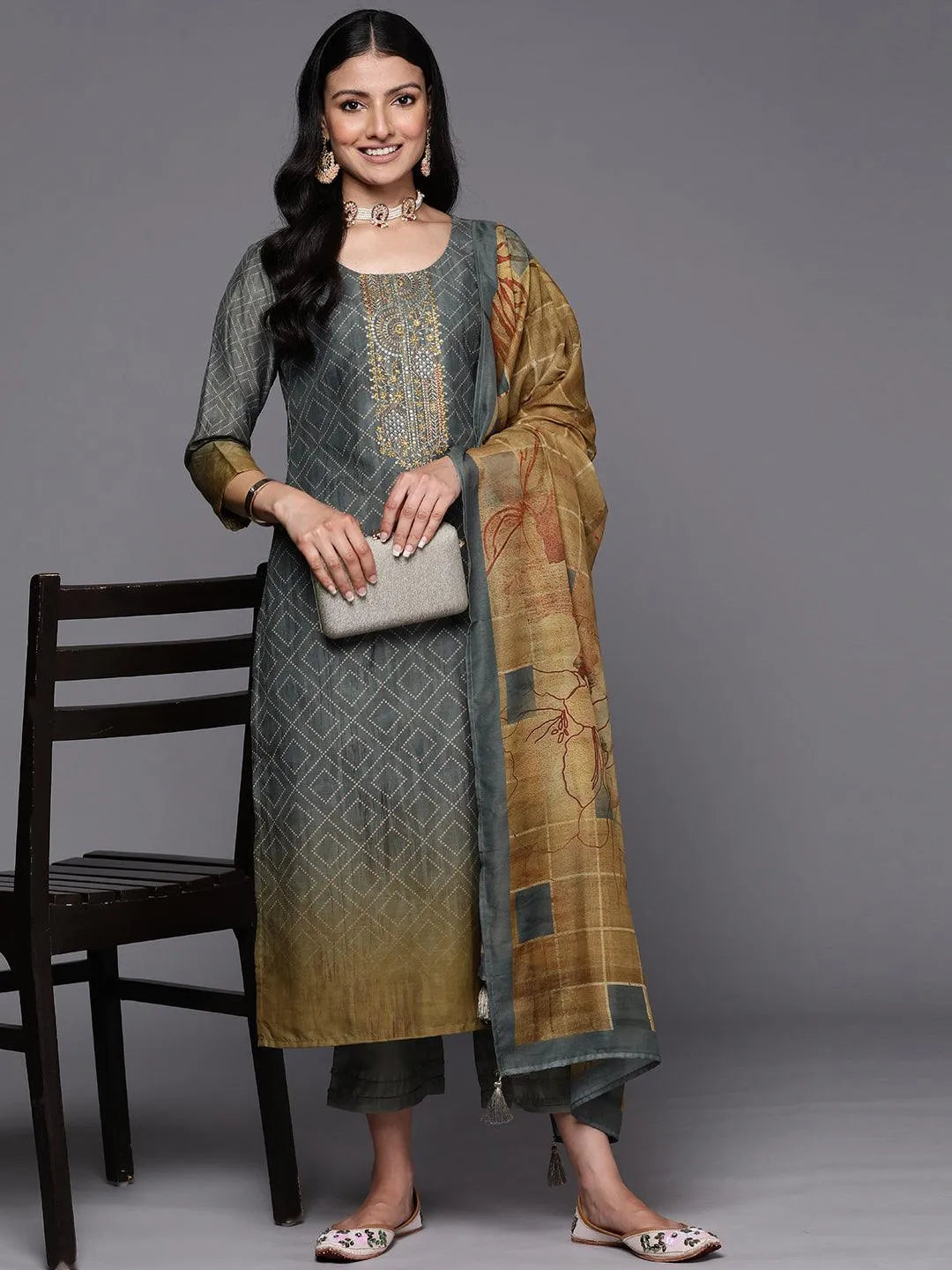 Grey Yoke Design Silk Blend Straight Suit Set With Trousers - Libas