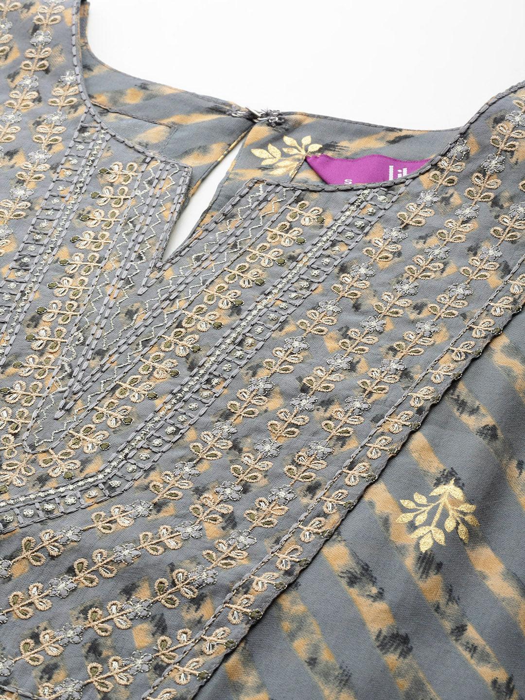 Grey Yoke Design Silk Blend Straight Kurta With Trousers & Dupatta
