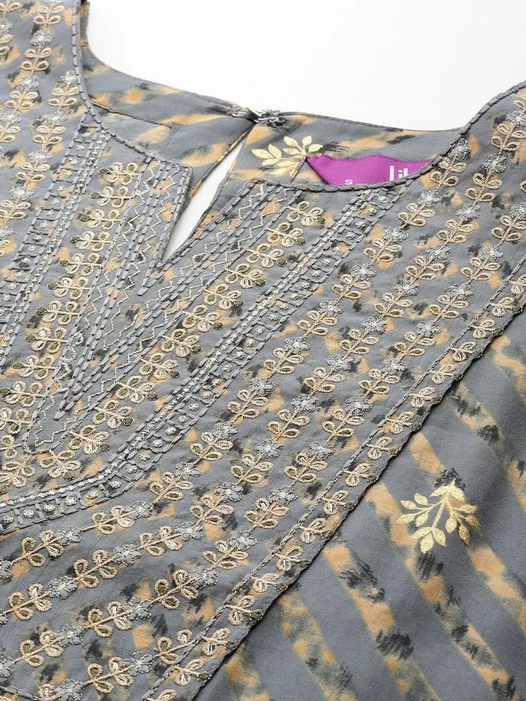 Grey Yoke Design Silk Blend Straight Suit Set With Trousers - Libas 
