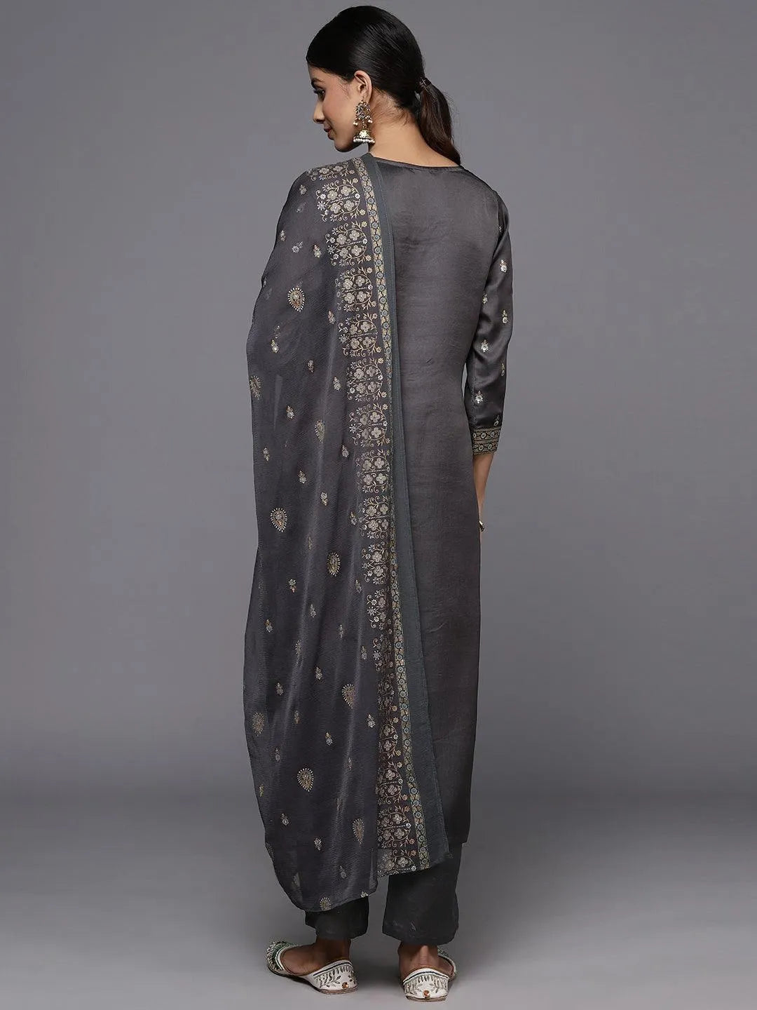 Grey Yoke Design Silk Blend Straight Kurta With Trousers & Dupatta - Libas 