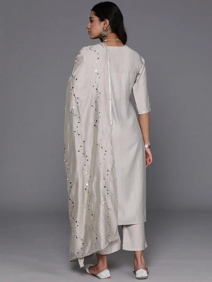Grey Yoke Design Silk Blend Straight Kurta With Trousers & Dupatta - Libas