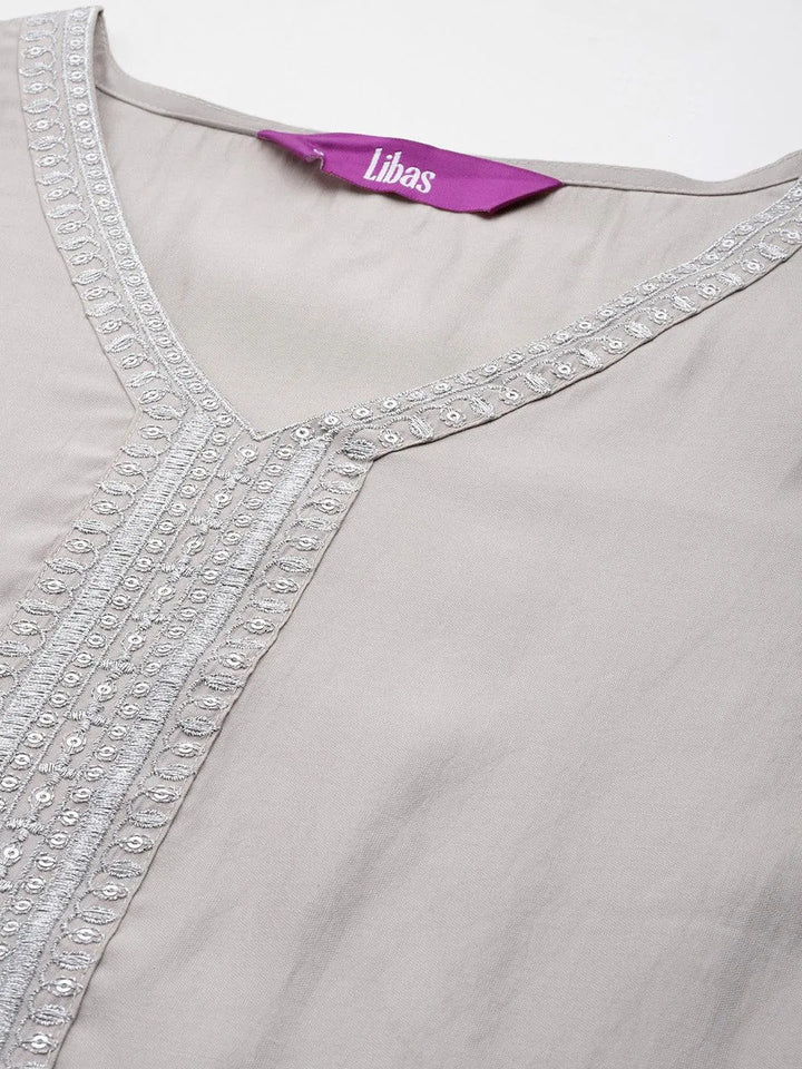 Grey Yoke Design Silk Blend Straight Kurta With Trousers & Dupatta - Libas
