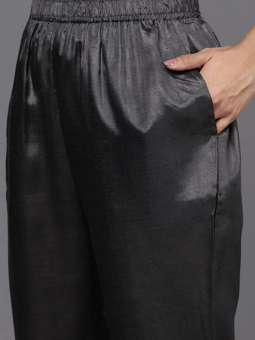 Grey Yoke Design Silk Blend Straight Kurta With Trousers & Dupatta - Libas 