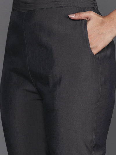 Grey Yoke Design Silk Blend Straight Kurta With Trousers & Dupatta - Libas