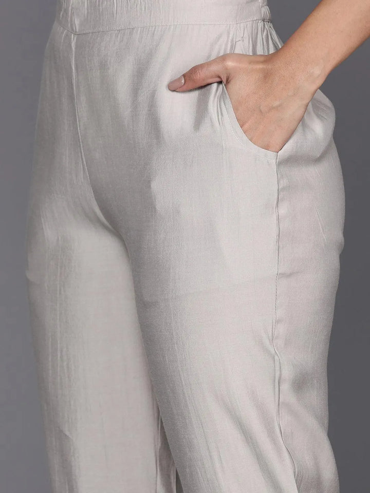 Grey Yoke Design Silk Blend Straight Kurta With Trousers & Dupatta - Libas