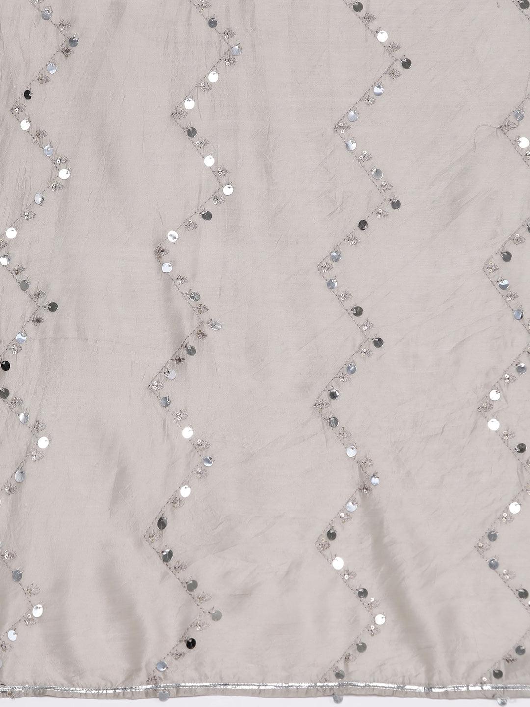 Grey Yoke Design Silk Blend Straight Kurta With Trousers & Dupatta - Libas