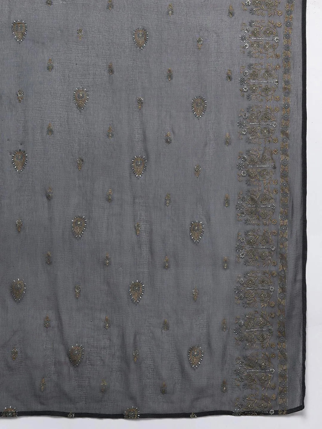 Grey Yoke Design Silk Blend Straight Kurta With Trousers & Dupatta - Libas 