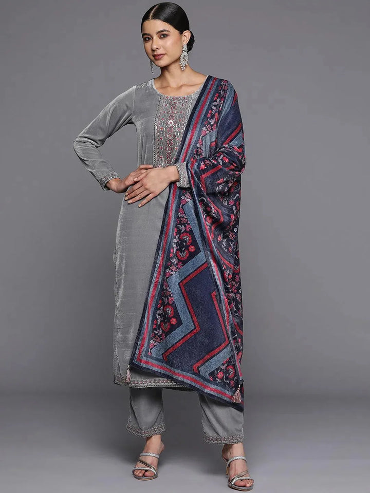 Grey Yoke Design Velvet Straight Suit Set - Libas