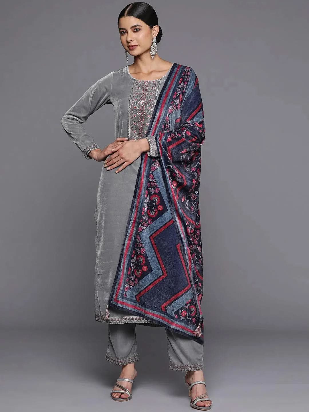 

Grey Yoke Design Velvet Straight Kurta With Trousers & Dupatta