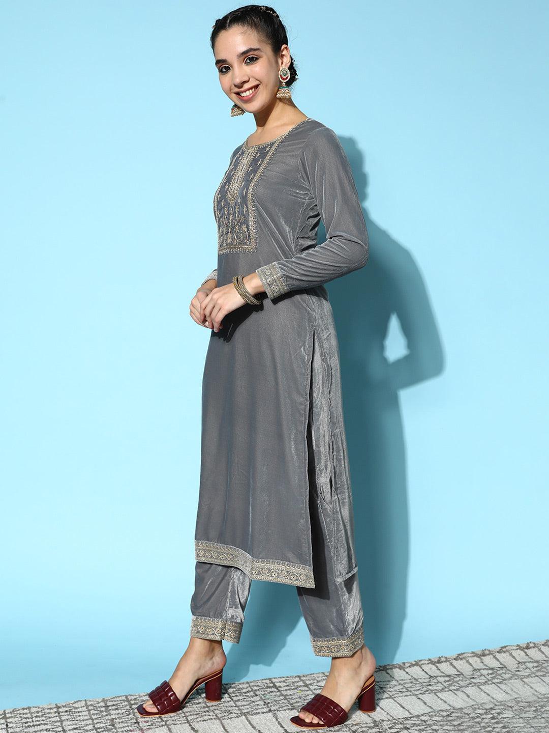 Grey Yoke Design Velvet Straight Suit Set - Libas
