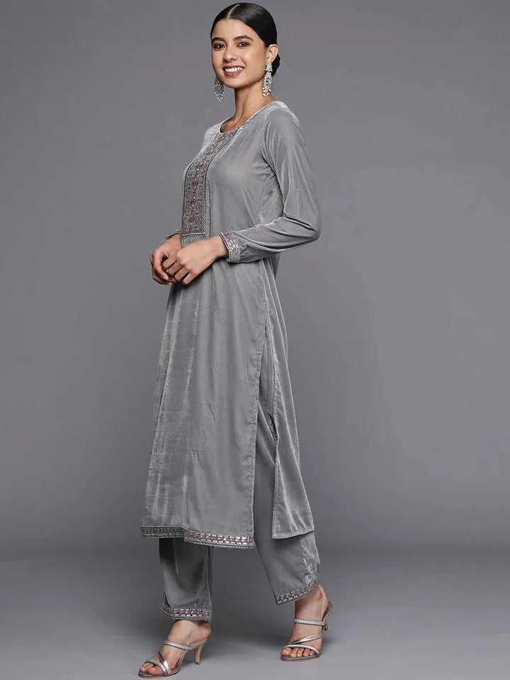 Grey Yoke Design Velvet Straight Suit Set - Libas