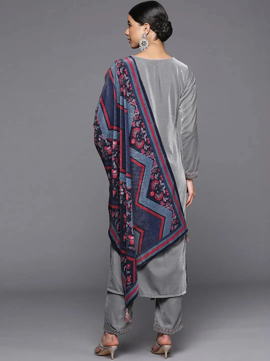 Grey Yoke Design Velvet Straight Suit Set - Libas 