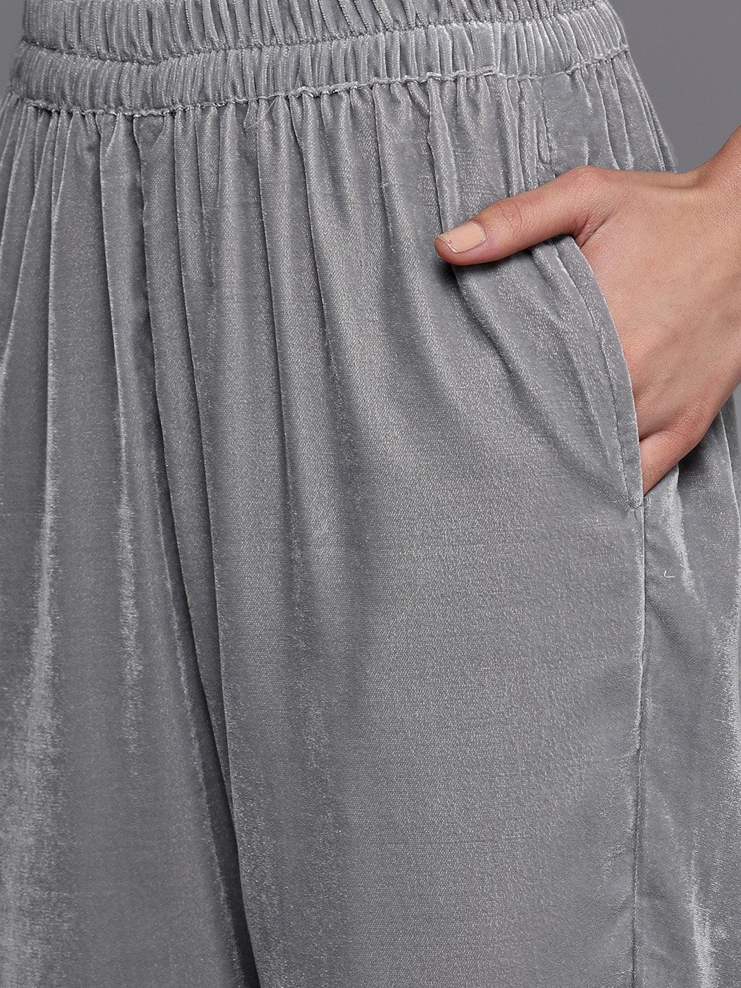 Grey Yoke Design Velvet Straight Kurta With Trousers & Dupatta