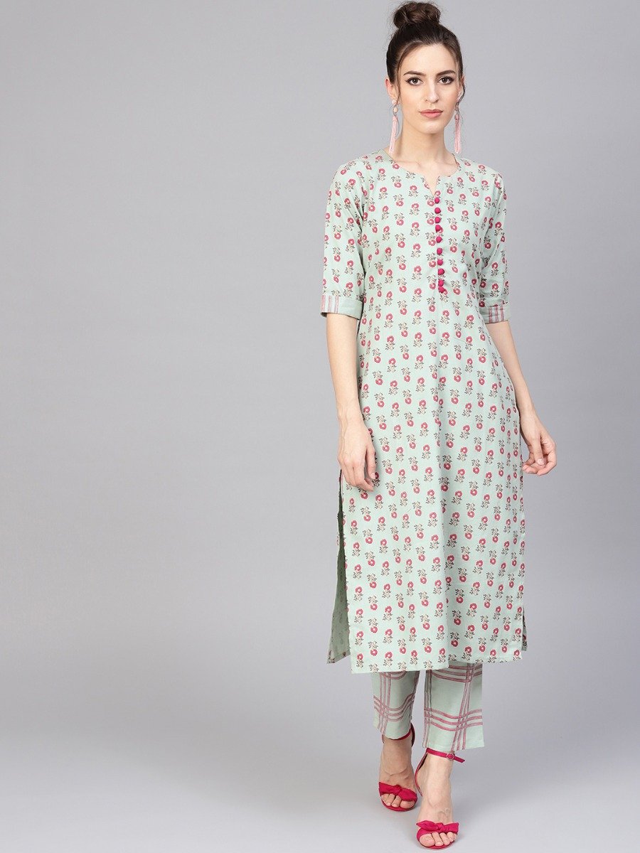  Green Cotton Printed Straight Kurta With Green Checkered Trouser 