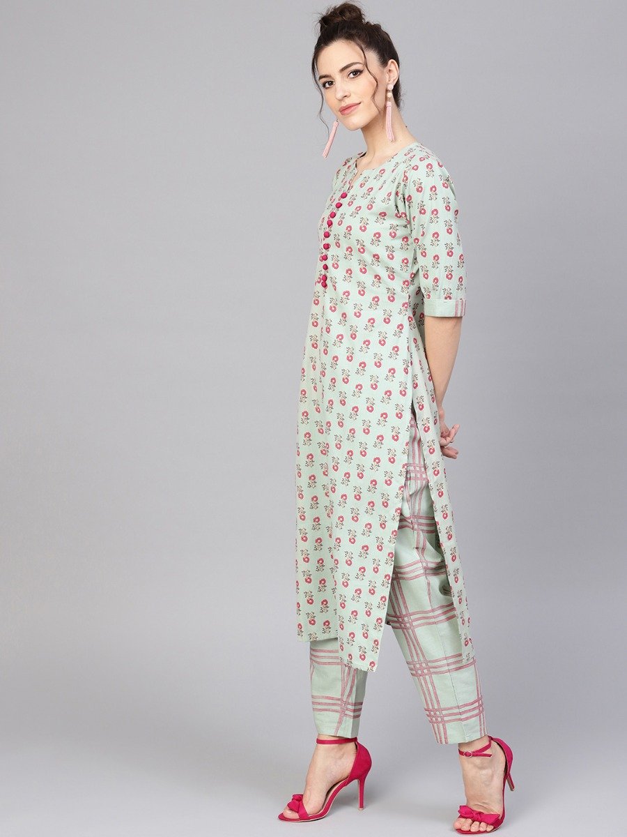  Green Cotton Printed Straight Kurta With Green Checkered Trouser 