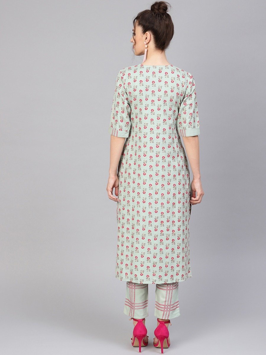  Green Cotton Printed Straight Kurta With Green Checkered Trouser 