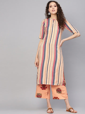 Multi Striped Rayon Straight Kurta With Peach Rayon Printed Palazzo With Both Side Pocket