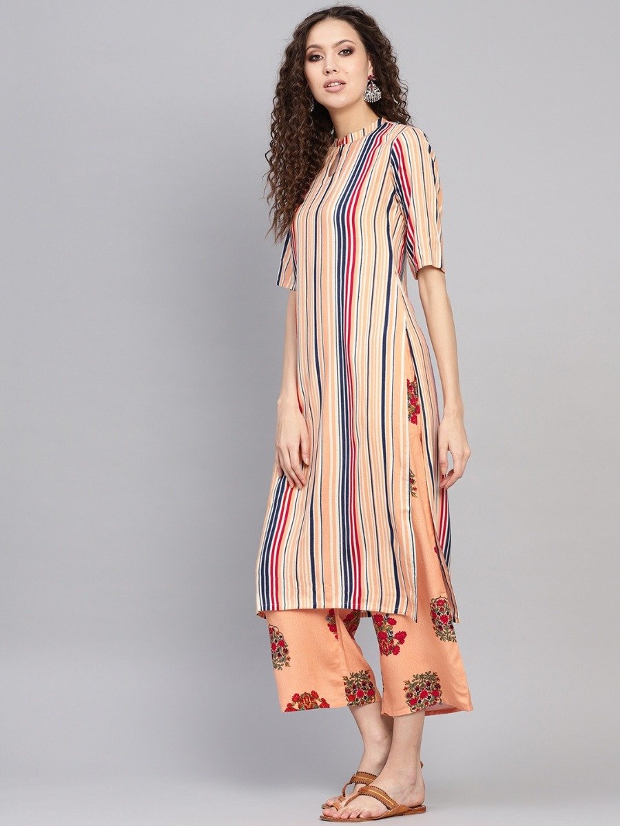  Multi Striped Rayon Straight Kurta With Peach Rayon Printed Palazzo With Both Side Pocket 