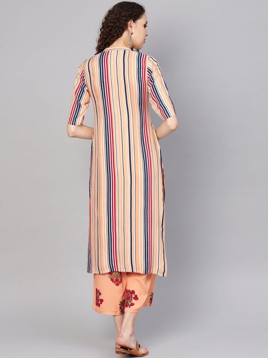  Multi Striped Rayon Straight Kurta With Peach Rayon Printed Palazzo With Both Side Pocket 