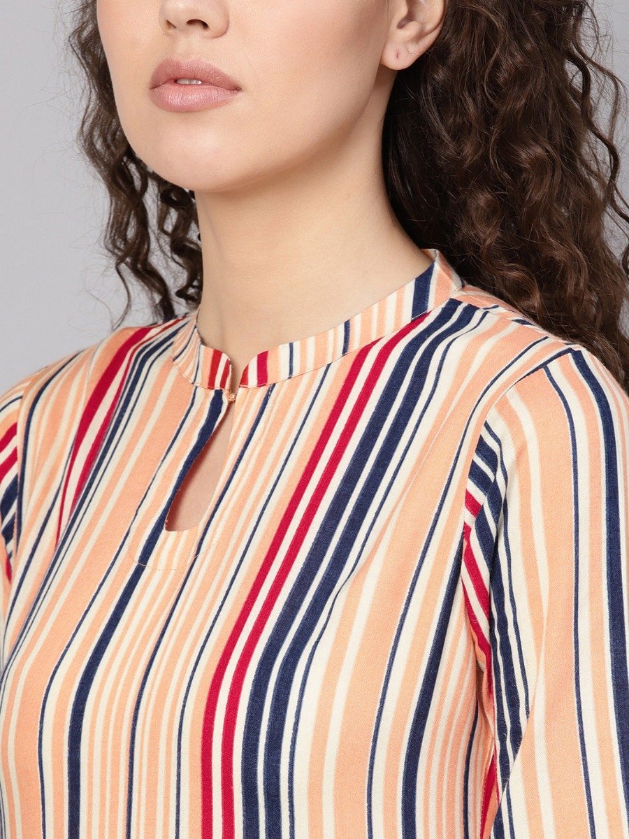  Multi Striped Rayon Straight Kurta With Peach Rayon Printed Palazzo With Both Side Pocket 