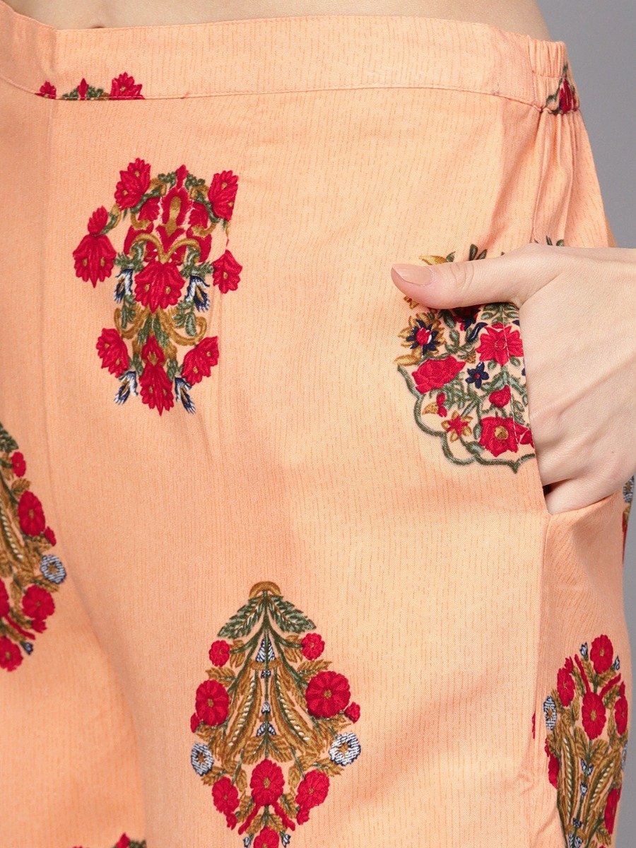  Multi Striped Rayon Straight Kurta With Peach Rayon Printed Palazzo With Both Side Pocket 