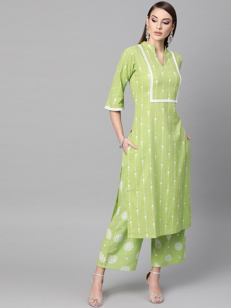 Gerua Green Linen Printed Straight Kurta With Palazzo