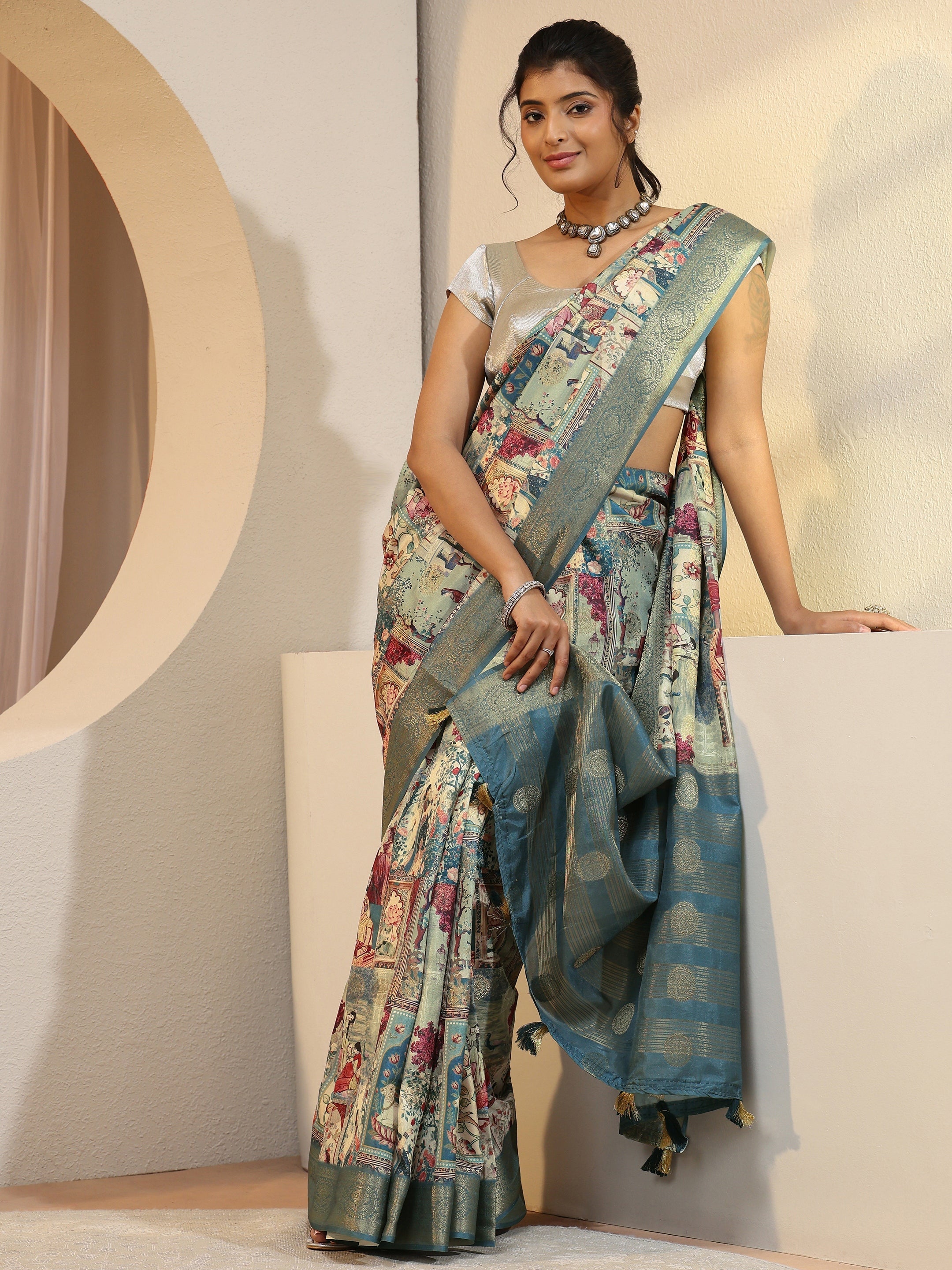 libas Henna Green Maharaja Print Silk Blend Saree-picture-20