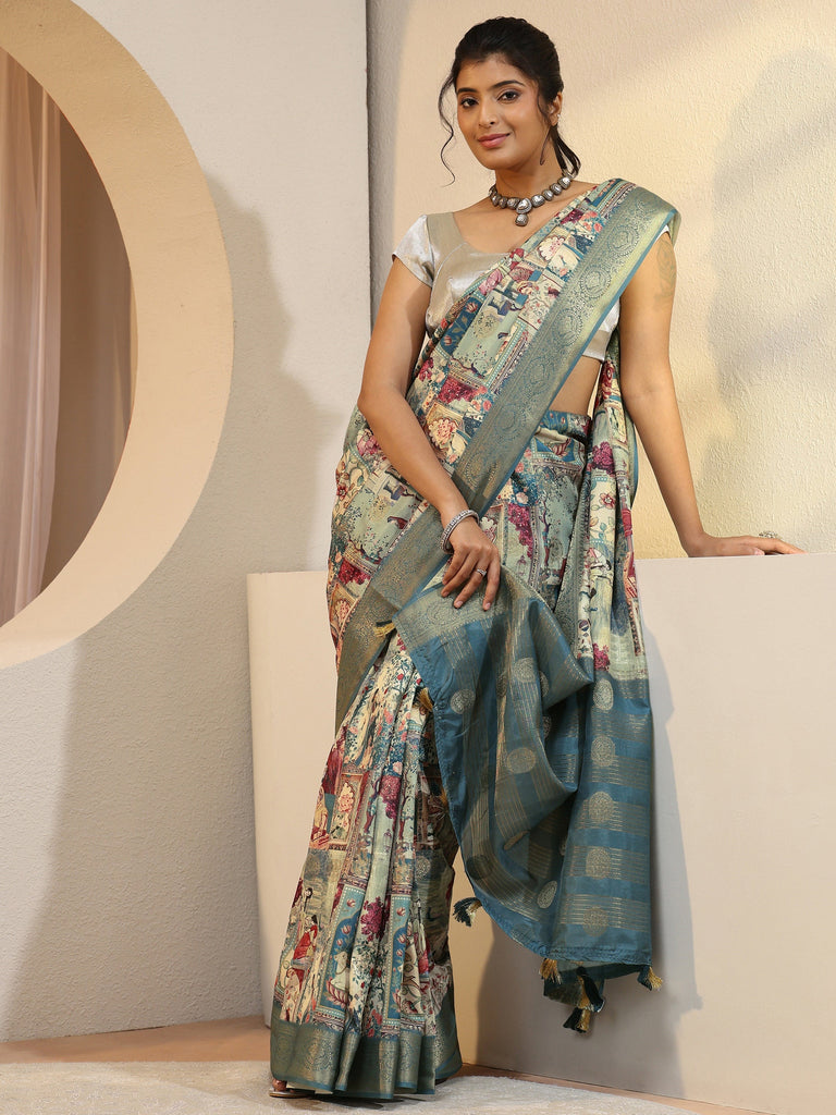 Libas Henna Green Maharaja Print Silk Blend Saree