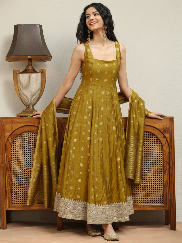 Libas Henna Green Woven Design Chanderi Silk Anarkali Suit Set