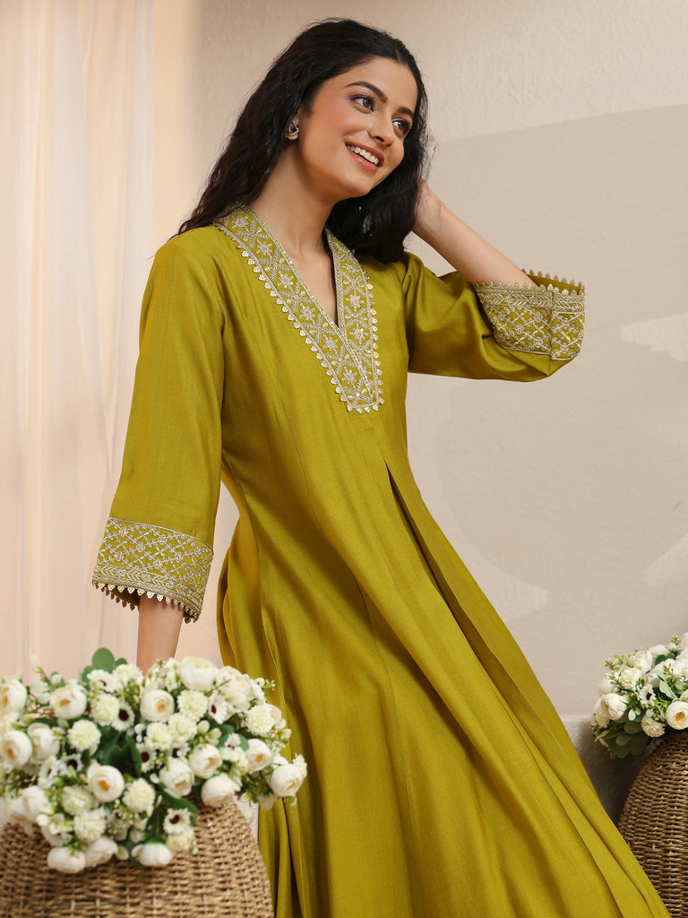 Libas Henna Green Yoke Design Silk Blend A-Line Kurta Set