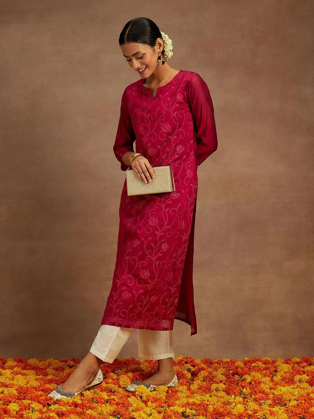 Hot Pink Embroidered Chanderi Silk Straight Kurta-image-30