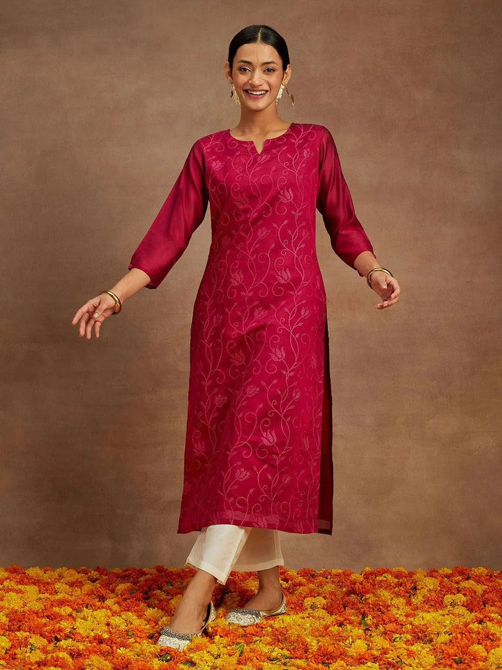 Hot Pink Embroidered Chanderi Silk Straight Kurta - Libas