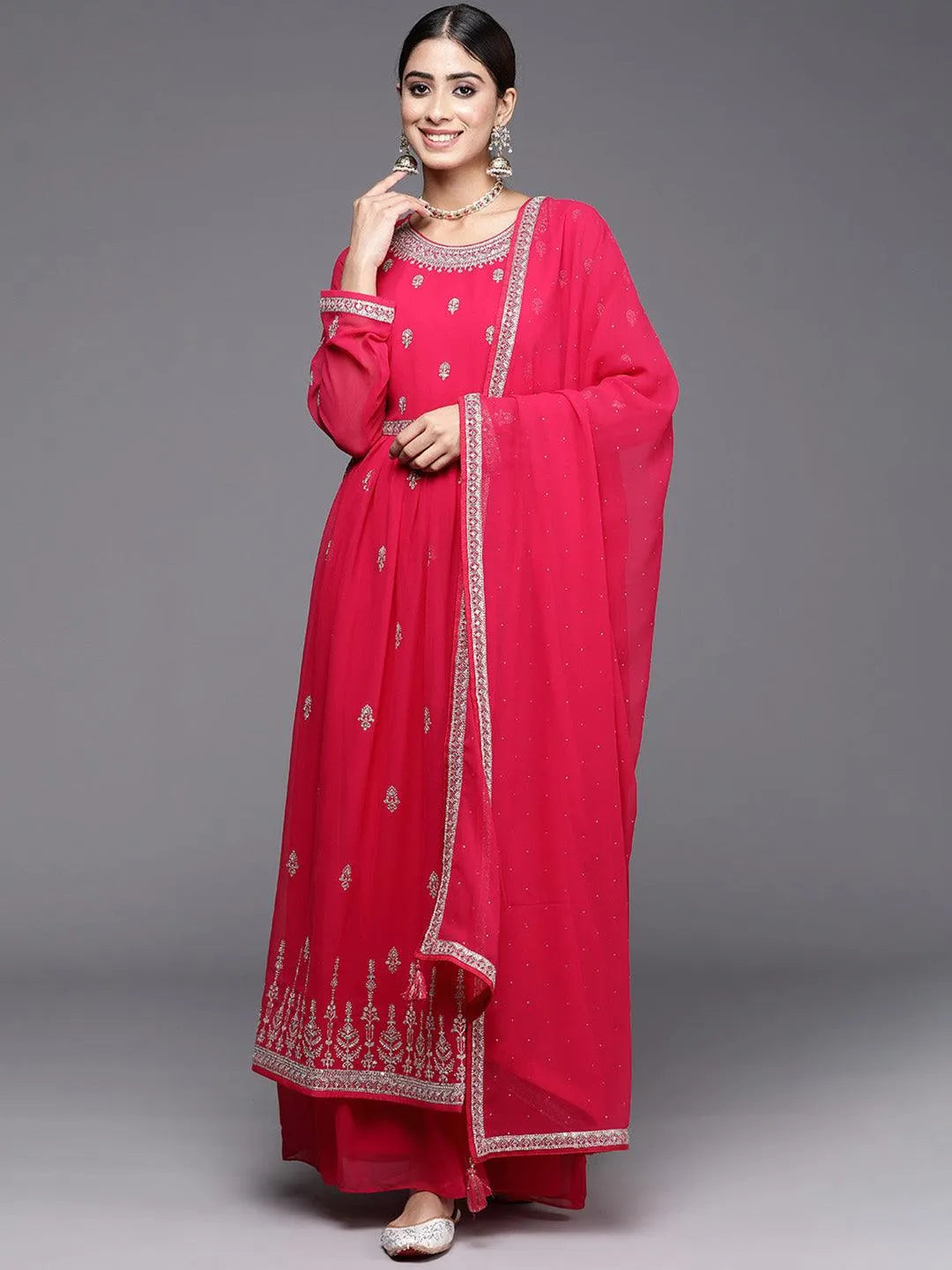 Hot Pink Embroidered Georgette A-Line Kurta With Palazzos & Dupatta - Libas 