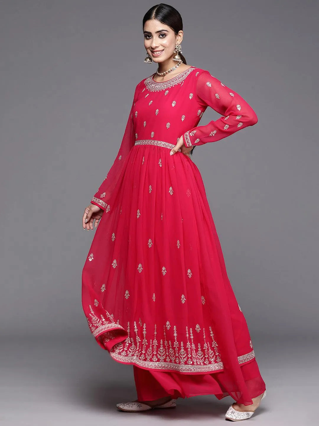 Hot Pink Embroidered Georgette A-Line Kurta With Palazzos & Dupatta - Libas 