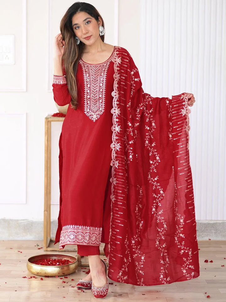 Hot Pink Yoke Design Silk Blend Straight Kurta With Trousers & Dupatta - Libas