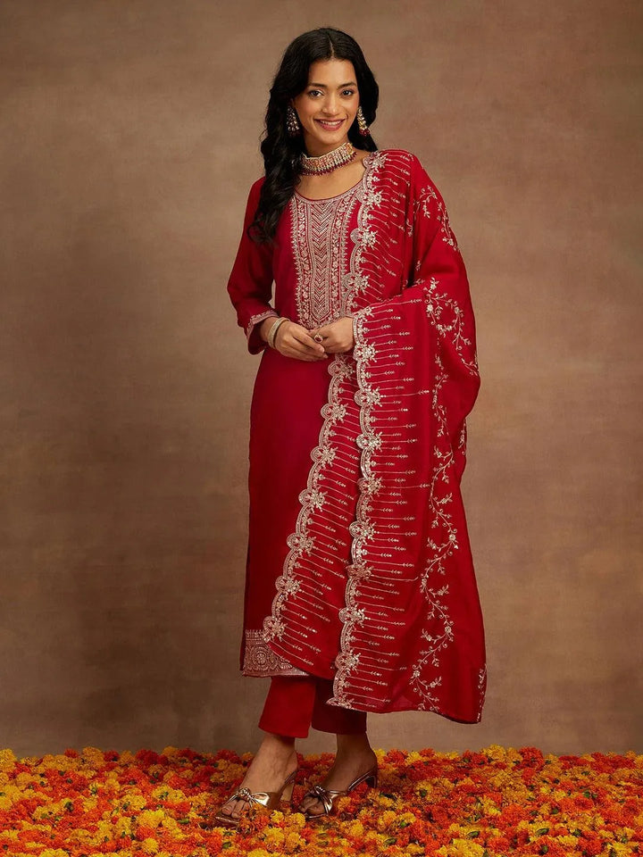 Hot Pink Yoke Design Silk Blend Straight Kurta With Trousers & Dupatta - Libas
